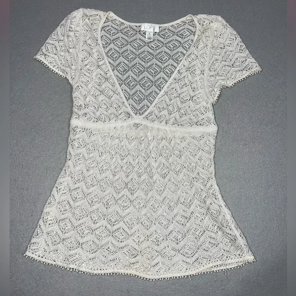 LOFT Cream Lace Knit Top Ann Taylor Crochet - Picture 2 of 3